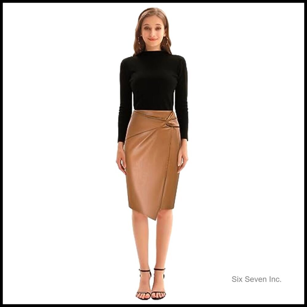 Faux Leather High Waist Wrap Midi Pencil Skirt for Business Casual - Picture 6 of 7